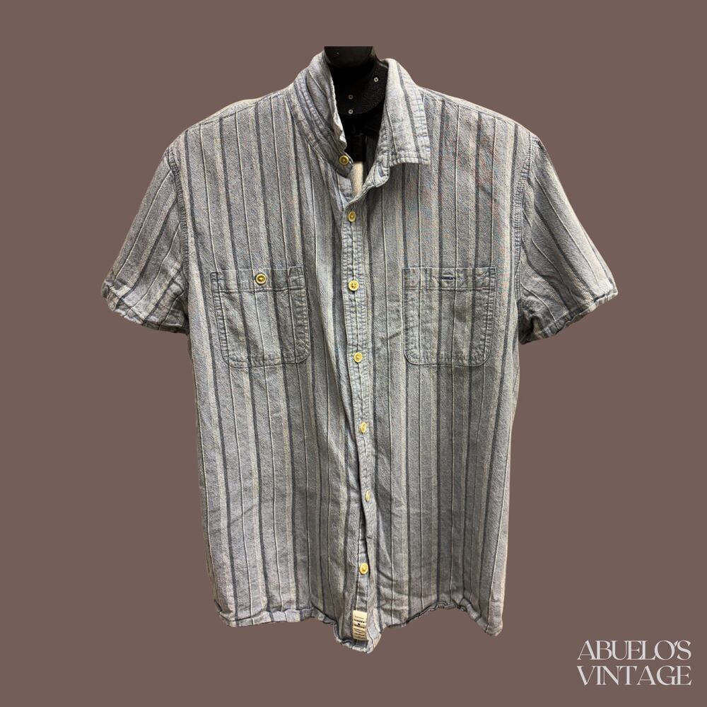 Lucky Brand Button Up Shirt | Gray Striped Cotton | Size XL | Vintage